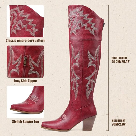 Women Red Pu Polyurethane Embroidered Pointed Toe Chunky Heels Tall Western Boot - Picture 3 of 6